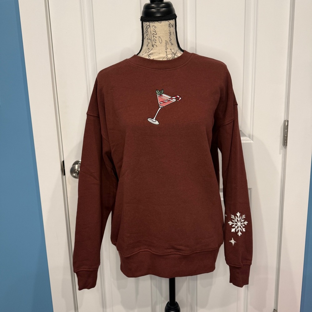 Candy Cane Martini Embroidered Holiday Sweatshirt Rum‎ Raisin Size XXS New